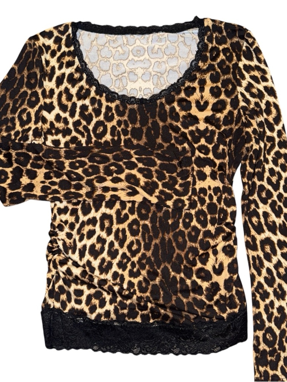 Leopard Print Lace Trim Top Long Sleeve Ruched Side Animal Print Blouse Size M L